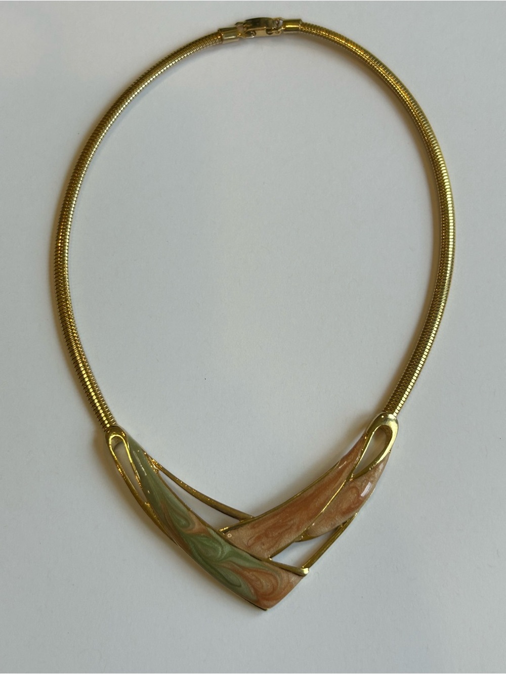Gold-tone metal and enamel necklace (Napier?).  5mm wide snake chain, 17.5” long